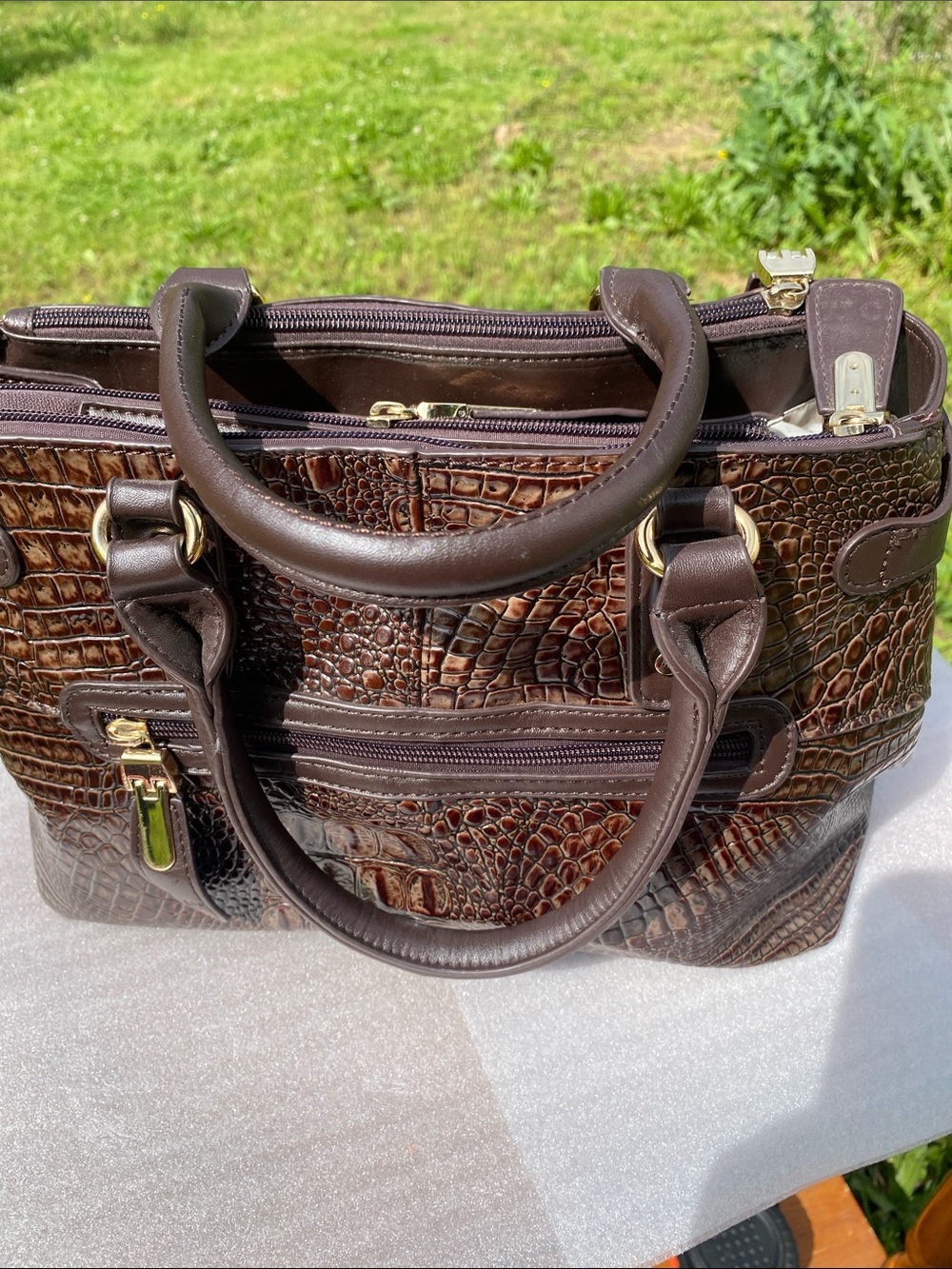 M.C. Handbag Women's Large Brown Croc-Embossed Faux Leather Satchel Handbag